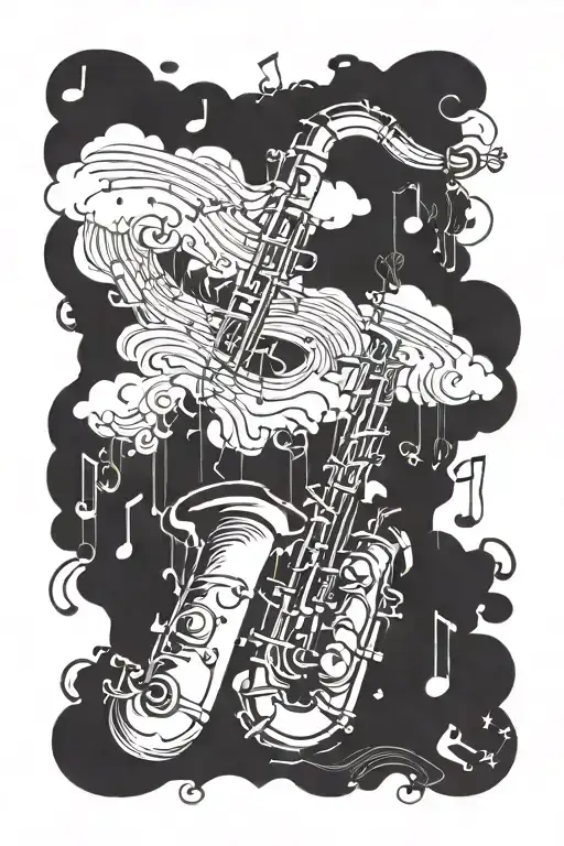 Incorporate a saxophone into a cloud design, with subtle music notes floating around tattoo design idea