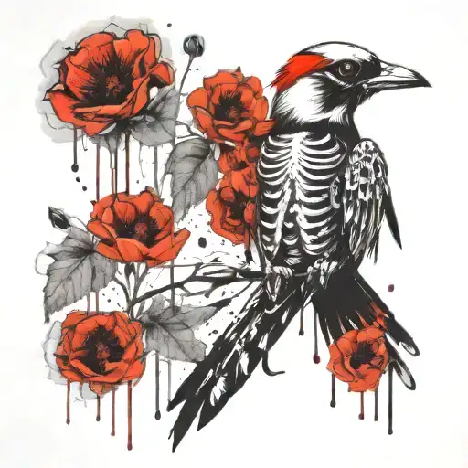 skeleton bird with poppy tattoo design idea