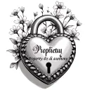 "proprietà di anthony" heart shaped lock with small flowers text says Property of Mistress Patricia on lock tattoo design idea