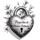 "proprietà di anthony" heart shaped lock with small flowers text says Property of Mistress Patricia on lock tattoo design idea