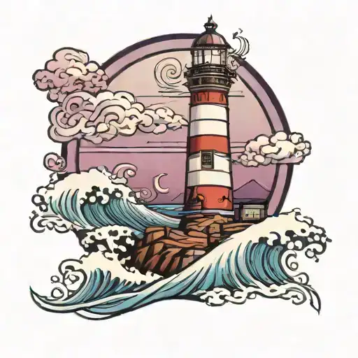 lighthouse with waves and purple sky tattoo design idea