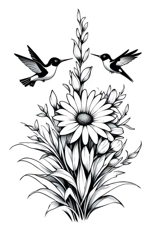 dafodill, daisy, gladiolus flowers with 2 humming birds tattoo design idea