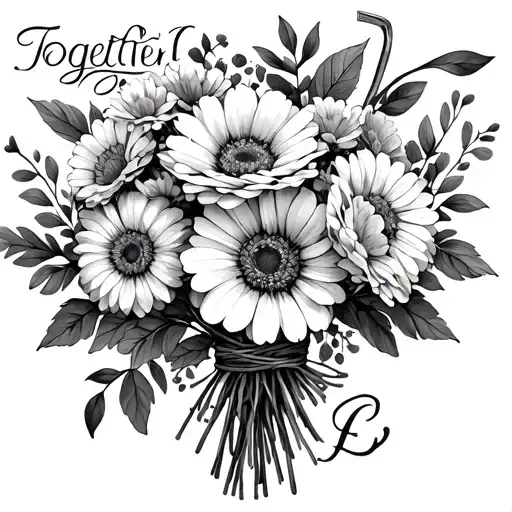bouquet of flowers with twine holding it together and a cursive E tattoo design idea