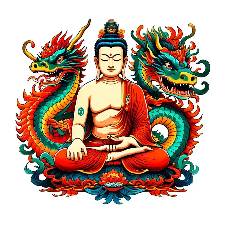Sitting Buddha on Dragon Sheng Long tattoo design idea