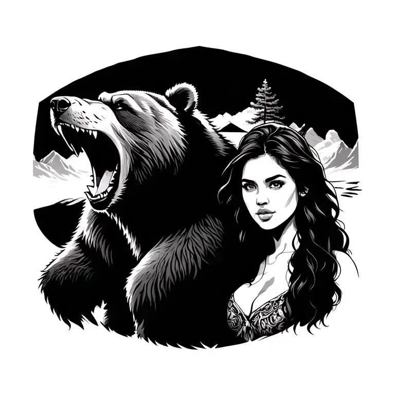 portrait with a bear roaring fiercely accopanied by a young serious pretty latina woman in a beautiful scenic background tattoo design idea