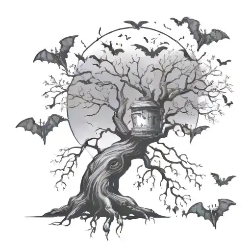 poison tree with bats flying and moon tattoo design idea