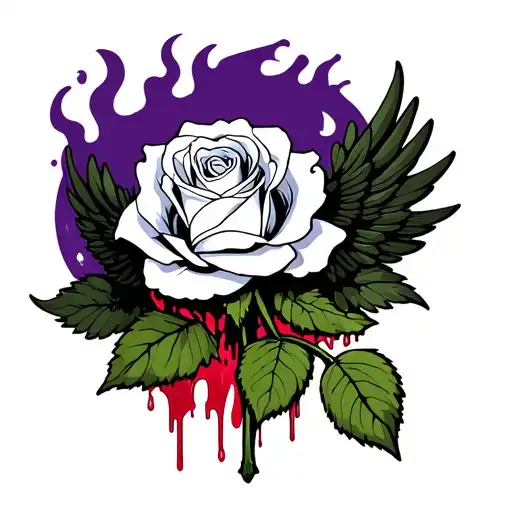 white rose with blood dripping from its wings and purple fire background tattoo design idea
