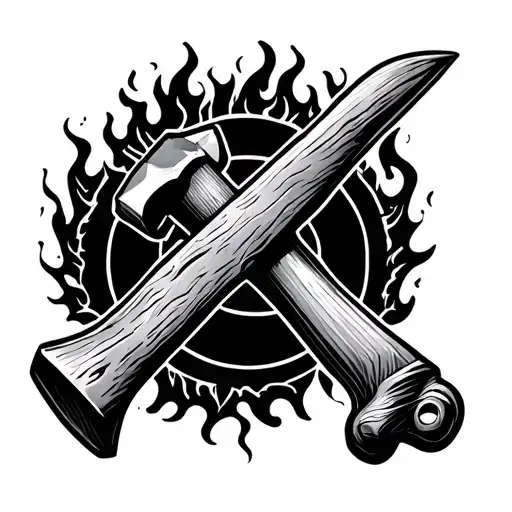 Masculine blackwork tattoo design featuring a hammer striking an anvil, surrounded by a subtle ring of flames tattoo design idea