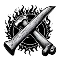 Masculine blackwork tattoo design featuring a hammer striking an anvil, surrounded by a subtle ring of flames tattoo design idea