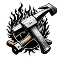 Masculine blackwork tattoo design featuring a hammer striking an anvil, surrounded by a subtle ring of flames tattoo design idea