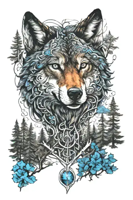 wolf in blue eyes howling forest scene tattoo design idea