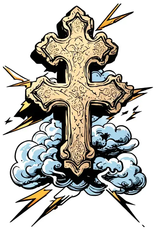stone cross with clouds and lightning bolts  tattoo design idea