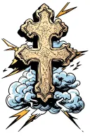stone cross with clouds and lightning bolts  tattoo design idea
