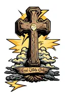 stone cross with clouds and lightning bolts  tattoo design idea