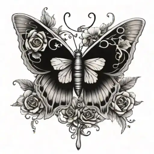 Create an image of a lunar moth tattoo design with skulls in the wings with flowers and vines underneath it tattoo design idea
