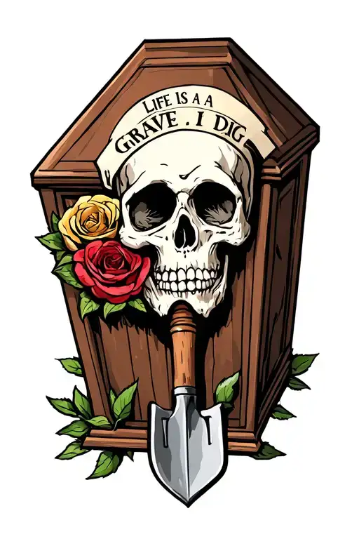 "Life is a Grave & I Dig It" with a casket and shovel  tattoo design idea