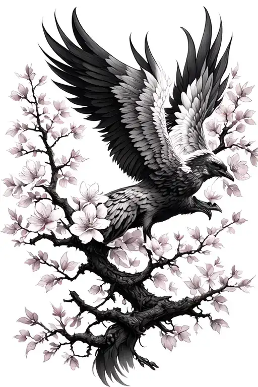 Phoenix on a cherry blossom tree on the spine tattoo tattoo design idea