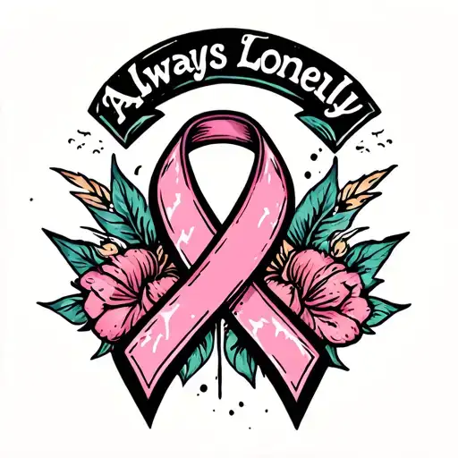 never alone always lonely distressed breast cancer ribbon tattoo design idea