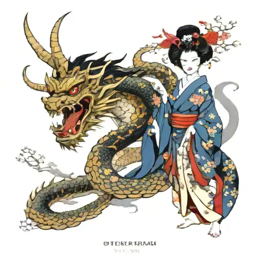 geisha and dragon emerging tattoo design idea
