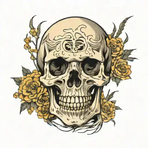 The girl touches the skeleton's face with a kabuto and skin begins to appear on the skeleton's face tattoo design idea