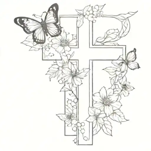 a christian cross with hollys and cosmos and butterflies tattoo design idea