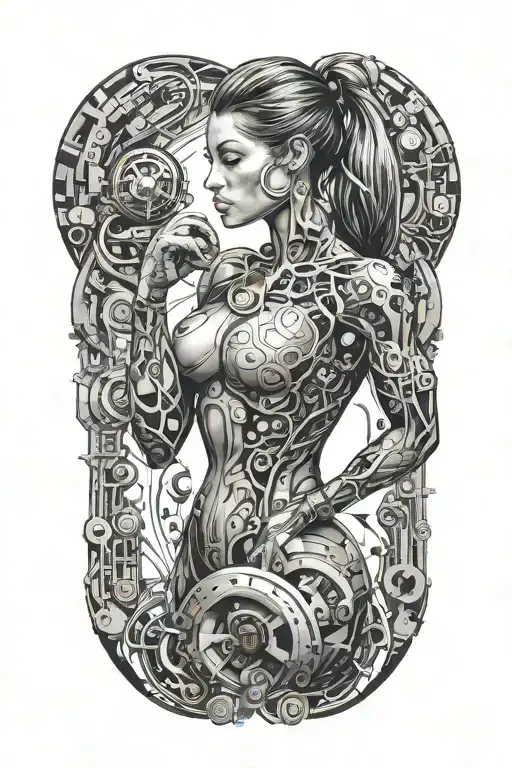 fitness bodybuilder women with technology circuits merging tattoo design idea