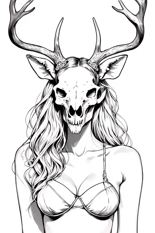 sexy woman with deer skull head tattoo design idea