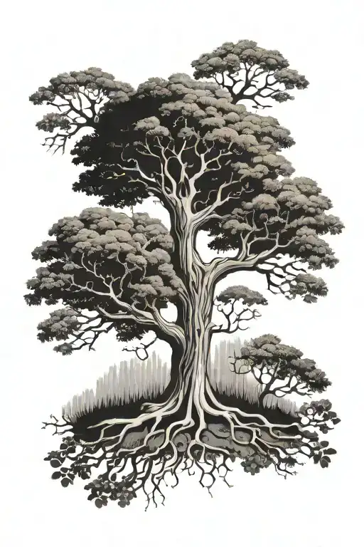 A symbolic tattoo design for the upper arm featuring a central tree divided into two contrasting halves, symbolizing th tattoo design idea