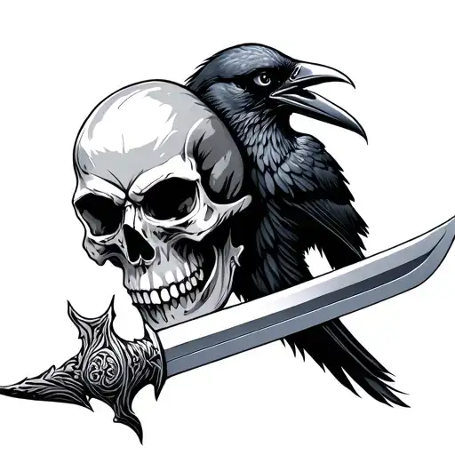 skull with crow and long sword tattoo design idea