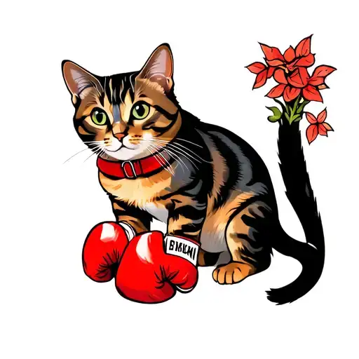 Tortoiseshell cat with boxing gloves tattoo design idea