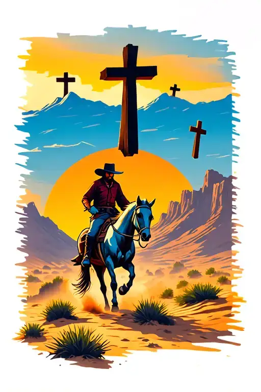 A desert scene with a cowboy on a horse running into the sunset. The background should have mountains, 3 crosses on top  tattoo design idea