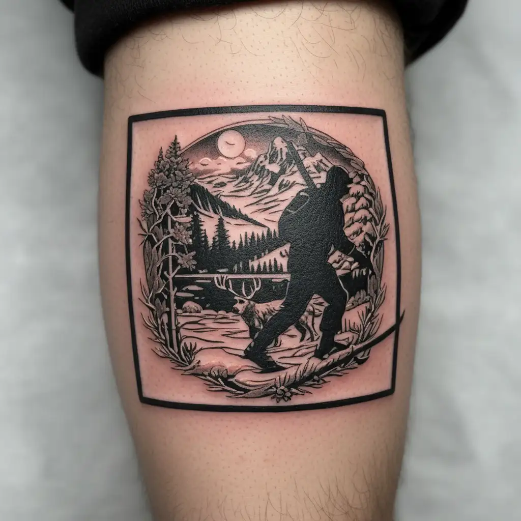 hunting, fall, snow shoe, mountains across tattoo design idea