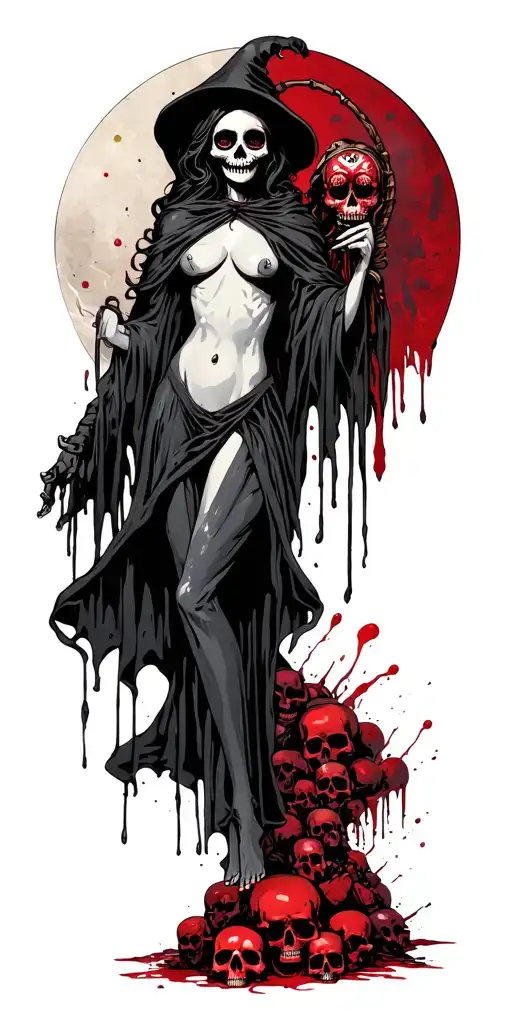 topless female grim reaper full body with a sugar skull face standing on a pile of bloody skulls tattoo design idea