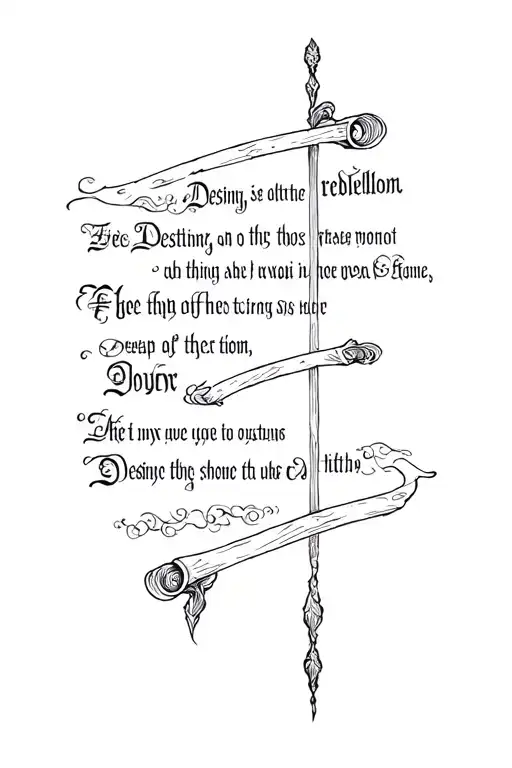 a black scroll of destiny, fate , and rebellion. A mysterious poem about those things is written tattoo design idea