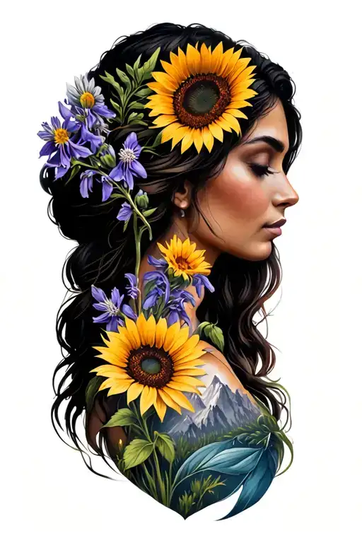 Mother Nature woman tattoo with mountains and bitterroot flowers lupine Indian paintbrush and prairie sunflowers tattoo design idea