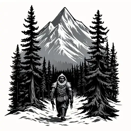 First Nation mountain Guardian walking through a forest tattoo design idea
