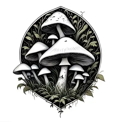 mushrooms forest vines growing around grimreaper tattoo design idea