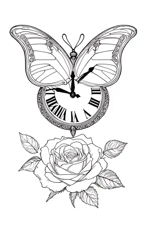 butterfly,rose,clock tattoo design idea