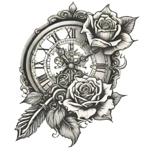 clock tattoo with key and rose tattoo design idea