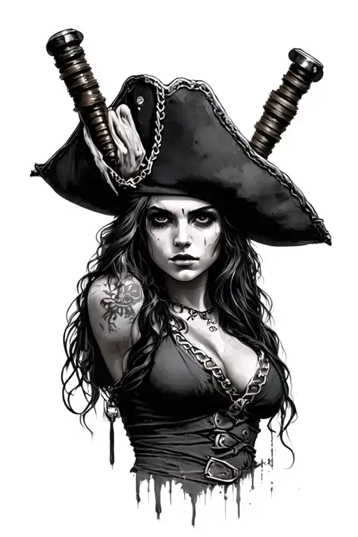 female pirate realistic grungy portrait gun tattoo design idea