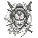 geisha, oni mask, samurai swords tattoo design idea