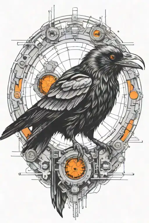 cyberpunk synthetic raven with orange robotic eyes inside cyber circle and microschemes high quality tattoo design idea