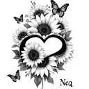 Infinity sign with a heart &  with sunflowers and butterflies and name Neq tattoo design idea