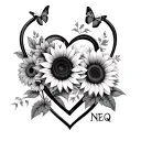Infinity sign with a heart &  with sunflowers and butterflies and name Neq tattoo design idea