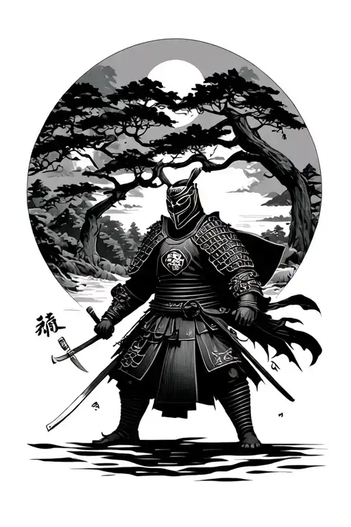 Ronin Samurai in Full body armor and Mask, surrounded by nature and scolls of Bushido teachings tattoo design idea