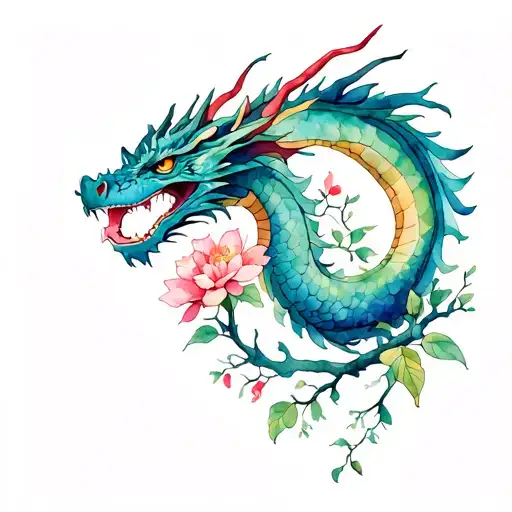 Dragon and flowers apple tree and willow vine tattoo design idea