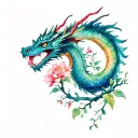 Dragon and flowers apple tree and willow vine tattoo design idea