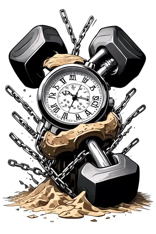 dumbbells, broken sand watch and broken chains tattoo design idea