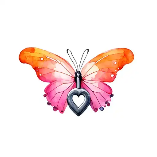 a heart-shaped padlock forms the body of a butterfly with pink, and orange wings.   tattoo design idea