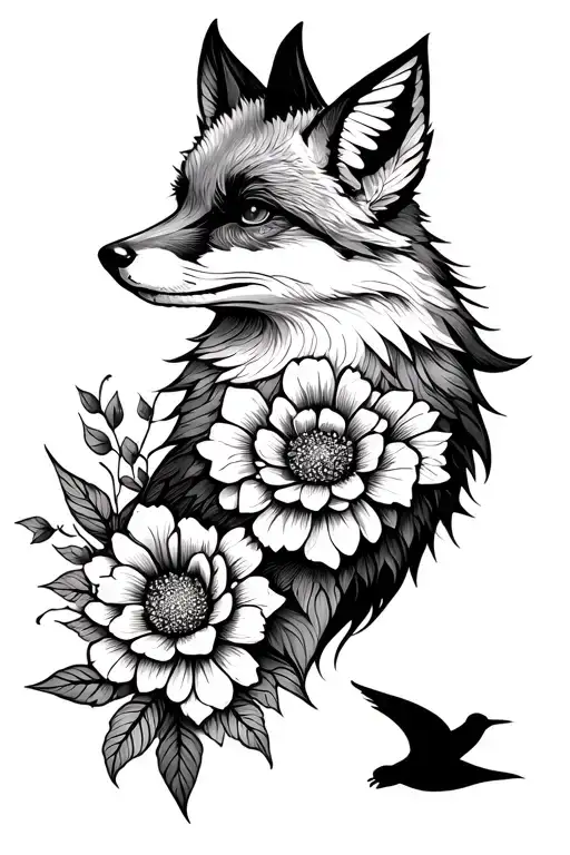A fox that has flower shapes on the body, with two swallows flying in the style of the league. tattoo design idea